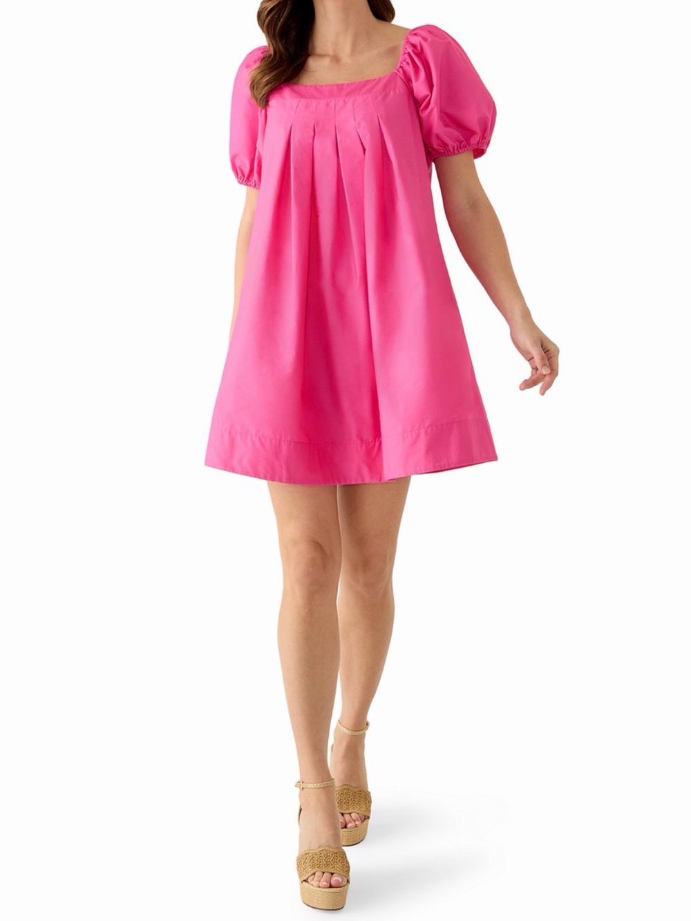 crown & ivy Bright Pink Puff-Sleeve Square-Neck Mini Dress